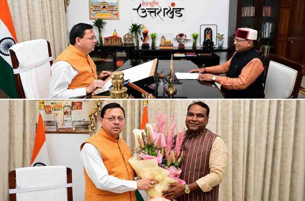 CM धामी से कैबिनेट मंत्री खजान दास और भाजपा महानगर अध्यक्ष सिद्धार्थ अग्रवाल ने की शिष्टाचार भेंट